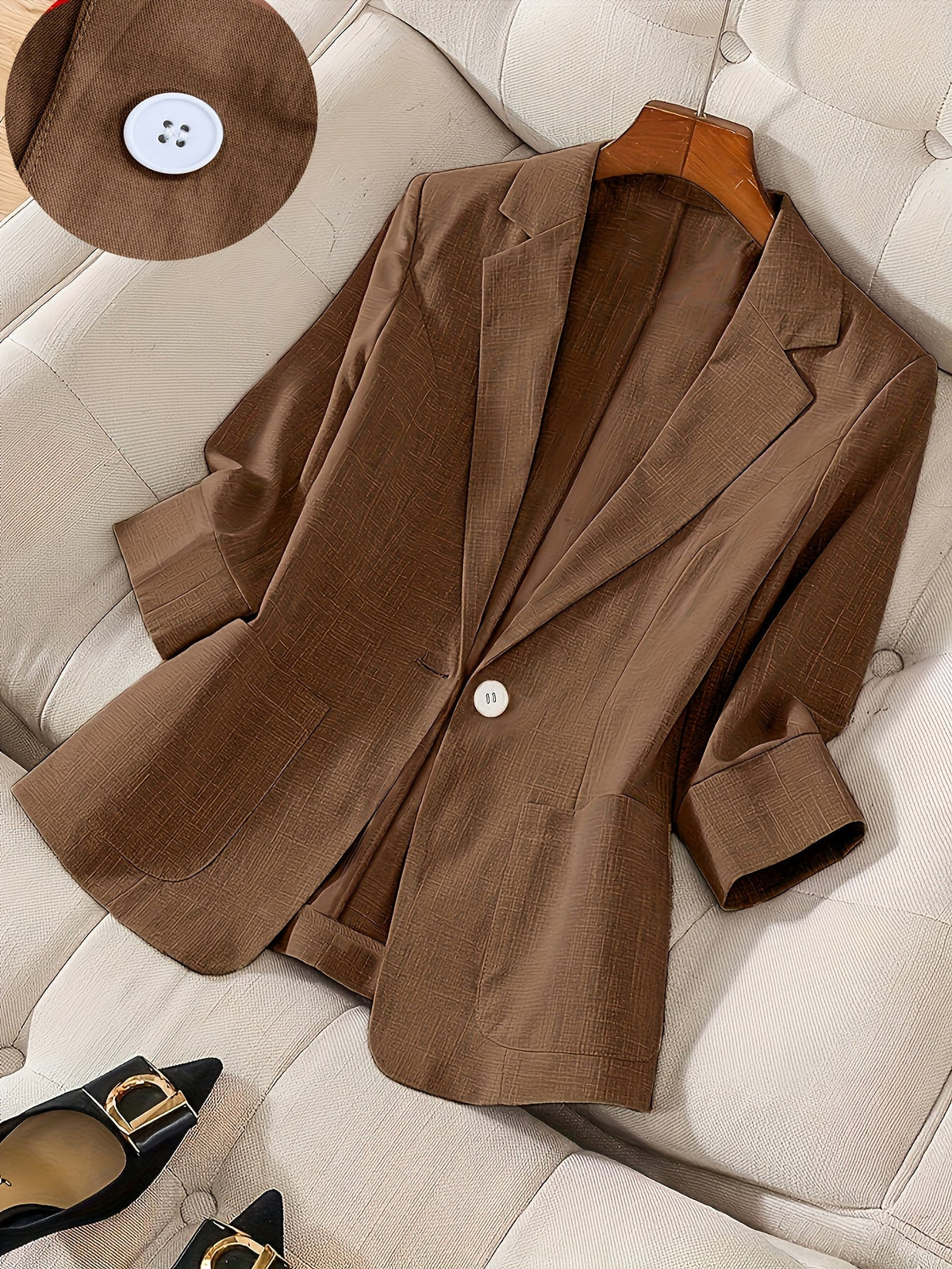 Women's Single-Button 3/4 Sleeve Lightweight Blazer | Elegant Casual Spring/Summer/Fall Outerwear | Professional Solid Color Office Business Suit Jacket S M L XL XXL