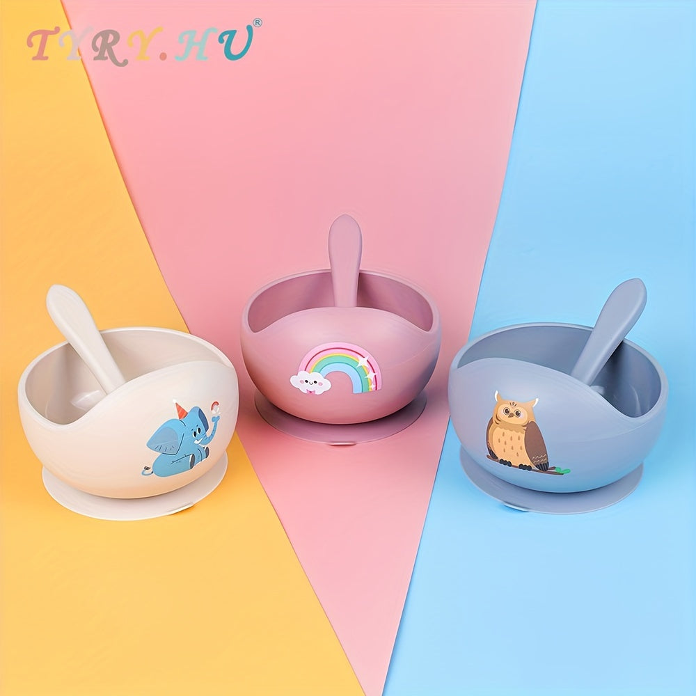 TYRY.HU Baby Suction Bowl with Spoon, 2-Piece First Stage Self-Feeding Set for Baby Led Weaning, Cute Designs Including Rainbow Elephant & Owl
