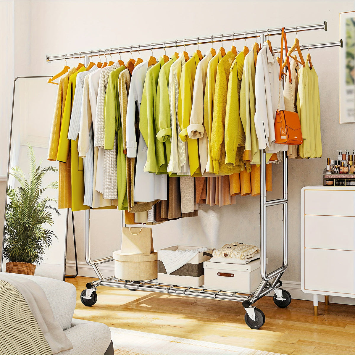Rolling Clothes Rack, 630 lbs Capacity, 4 Omnidirectional Locking Wheels, Adjustable Height 58"-75", Extendable Width 51"-75", 1.5mm Thick Metal, Umbrella & Shoe Shelf, 10-Min Assembly, for Home, Laundry, Retail