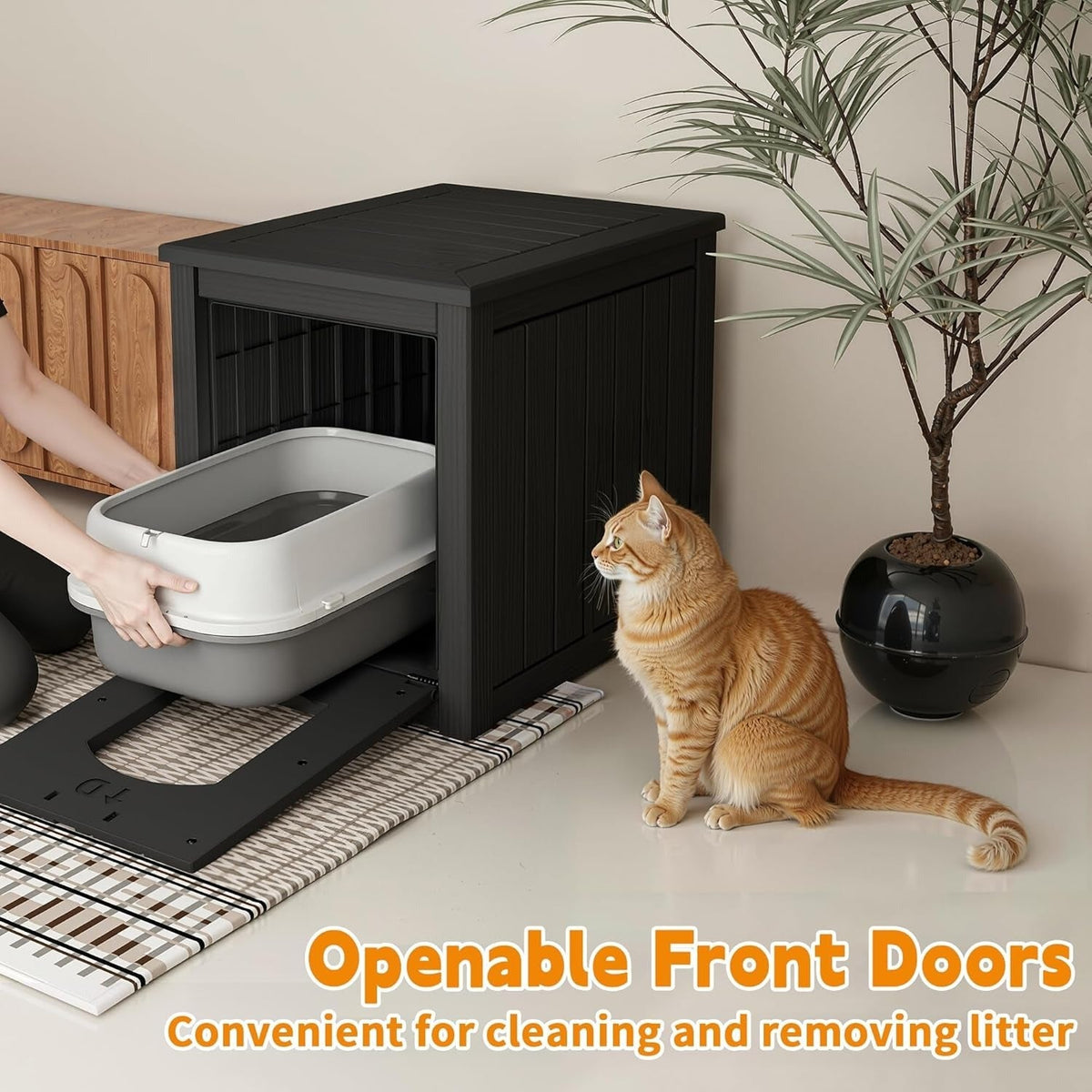 Hidden Litter Box Cabinet - Multifunctional Cat Litter Box Enclosure with Side Table Top, Front-Opening Door, Easy Clean - Indoor, Courtyard & Doorstep - Black & Light Brown
