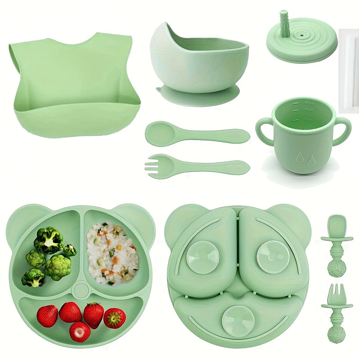 10-Piece BPA-Free Silicone Baby-Led Weaning Feeding Set, Baby & Toddler Self-Feeding Tableware with Suction Divider Plate, Spoon, Fork, Straw Cup & Bib, Green, Blue, Pink & Beige