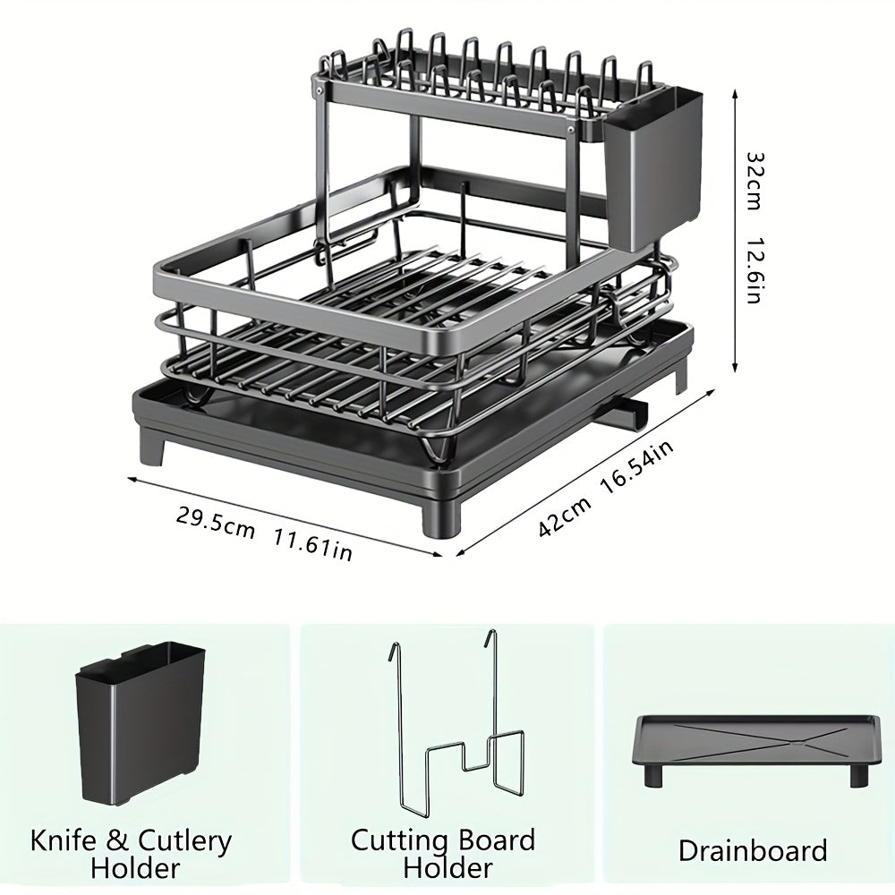 2-Tier Dish Drying Rack for Kitchen Counter with Drainboard, Drain Mat, Knife, Fork, and Cup Holder, Utensil Organizer, Dish Drainer, Kitchen Gadget Gift for Women, Mother's Day