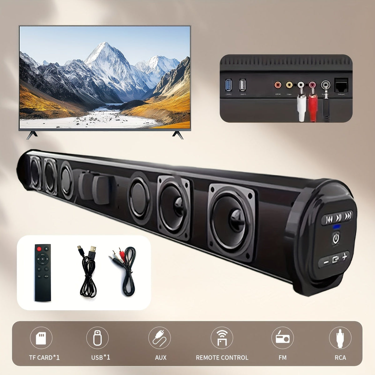 4D Surround Sound Speaker System with Hi-Fi Subwoofer - Wired & Wireless, IR Remote Control, Portable Soundbar for TV Computer Laptop Home Theater - Black