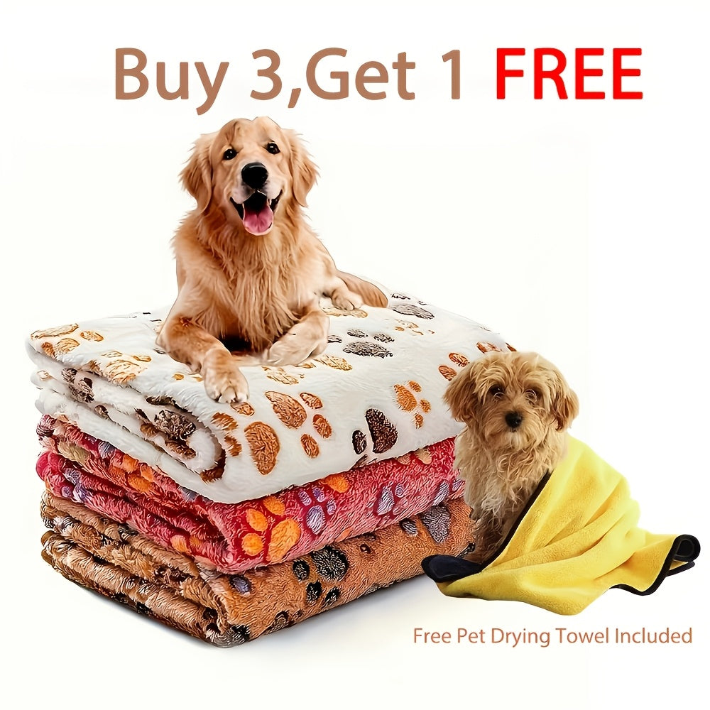 Fleece Pet Blanket 3-Pack for Dogs, Cats & Puppies – Super Soft, Fluffy, and Tear-Resistant Flannel Throw, Paw Print (Brown, Pink, White), Machine Washable, Includes Free Pet Drying Towel