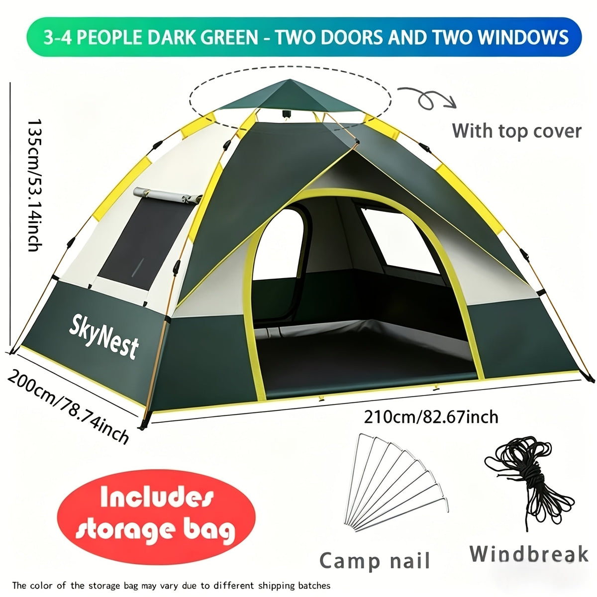SKYNEST Automatic Instant Setup Camping Tent for 1-3 and 3-4 People, All-Season Windproof Lightweight Tent with Dual Doors and Mesh Windows for Camping, Hiking, Hunting, Travel, and Outdoor Shelter, Green/Beige