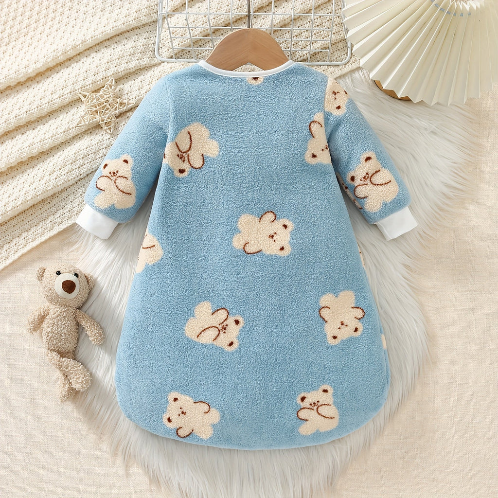Baby Fleece Sleep Sack, Cute Blue Bear Snowflake Long Sleeve Wearable Blanket with Double-Way Hidden Zipper, Anti-Kick Soft Warm Baby Sleeping Bag for Autumn & Winter, Sizes 0-18 Months