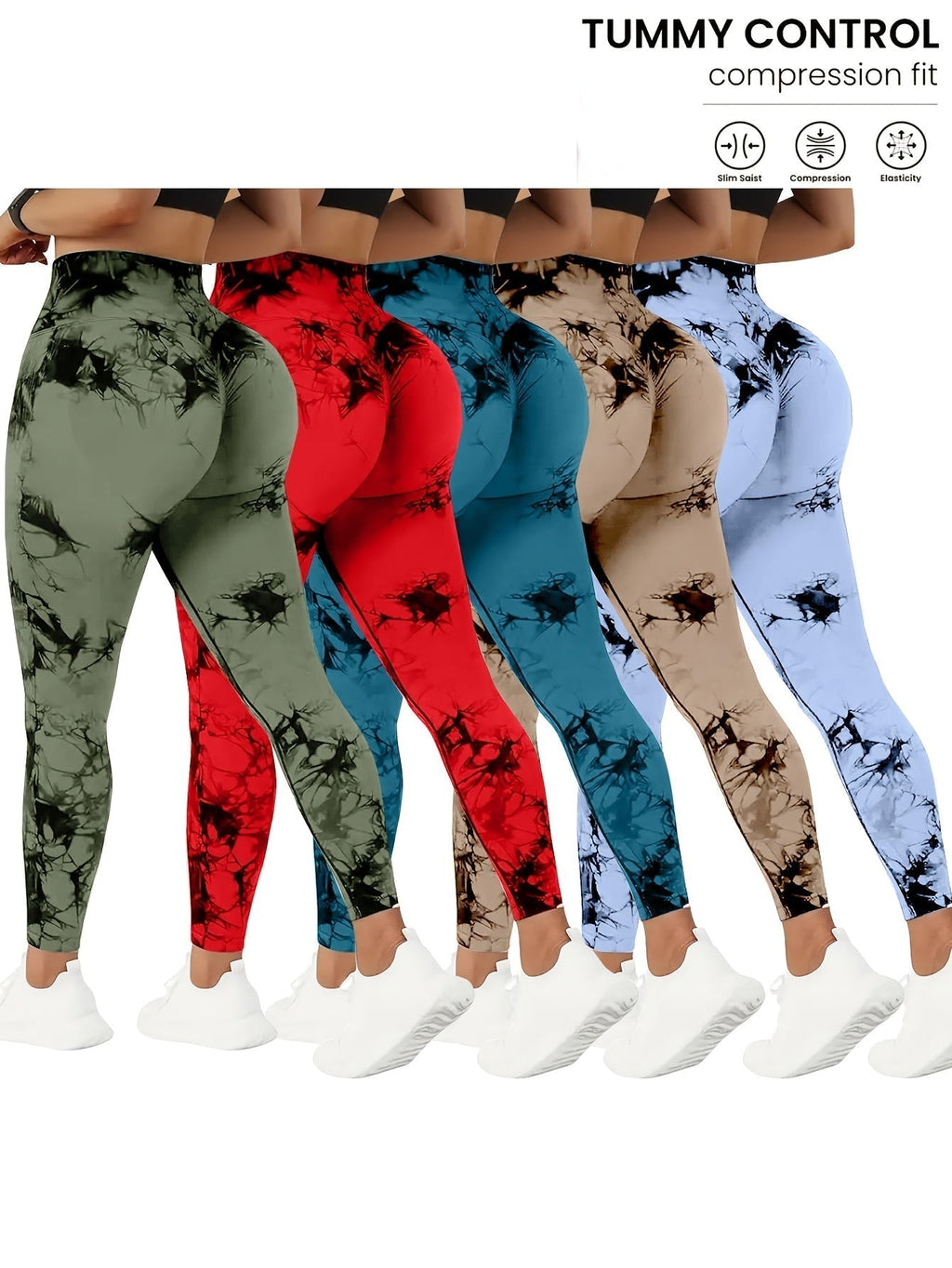 5-Pack Women's High-Waisted Yoga Pants with Tummy Control, Tie-Dye Stretchy Fitness Leggings, Peach Lift Running Tights, All-Season Activewear in Various Colors
