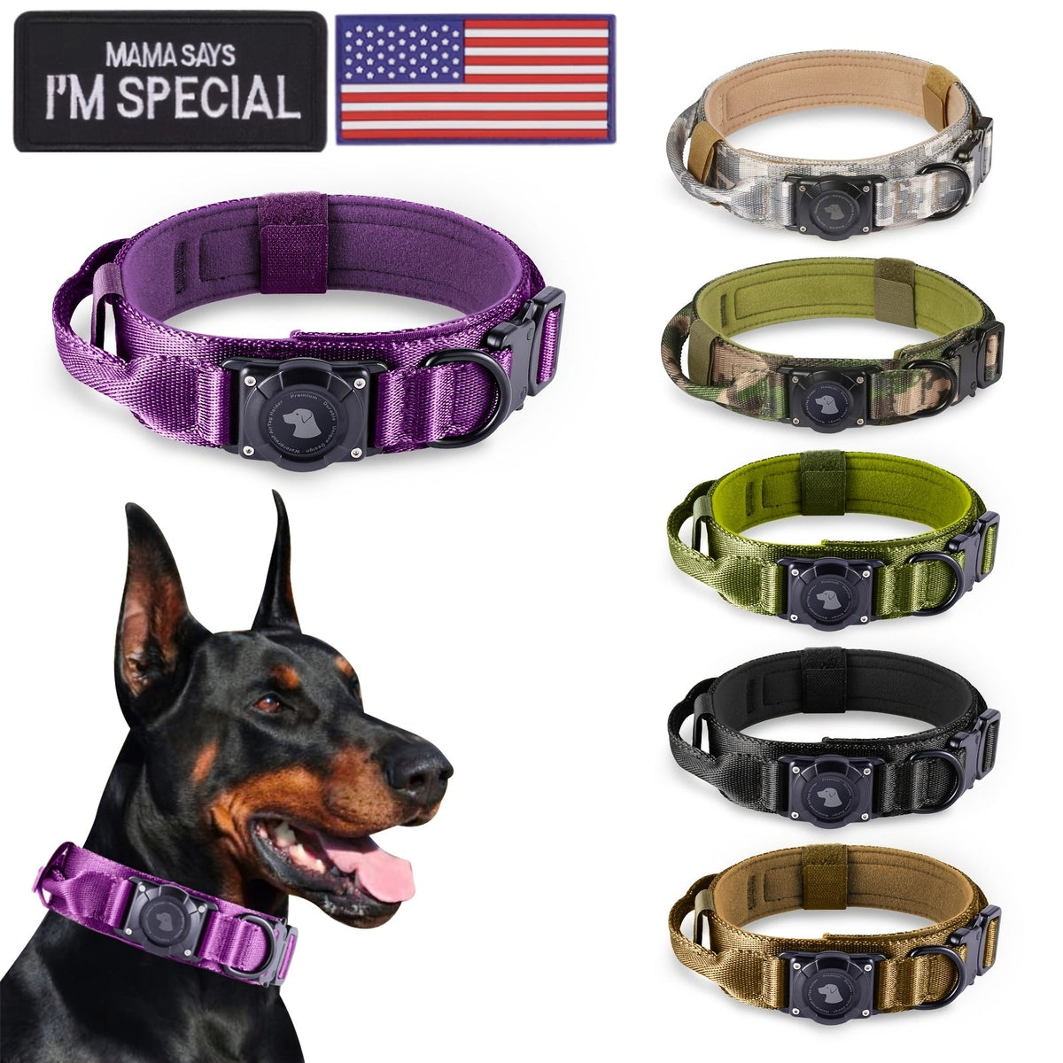 Tactical Dog Collar with AirTag Holder & Handle – Heavy-Duty PC Nylon, Adjustable M/L/XL for Medium to Large Dogs, Military-Style Training Collar with Control Handle