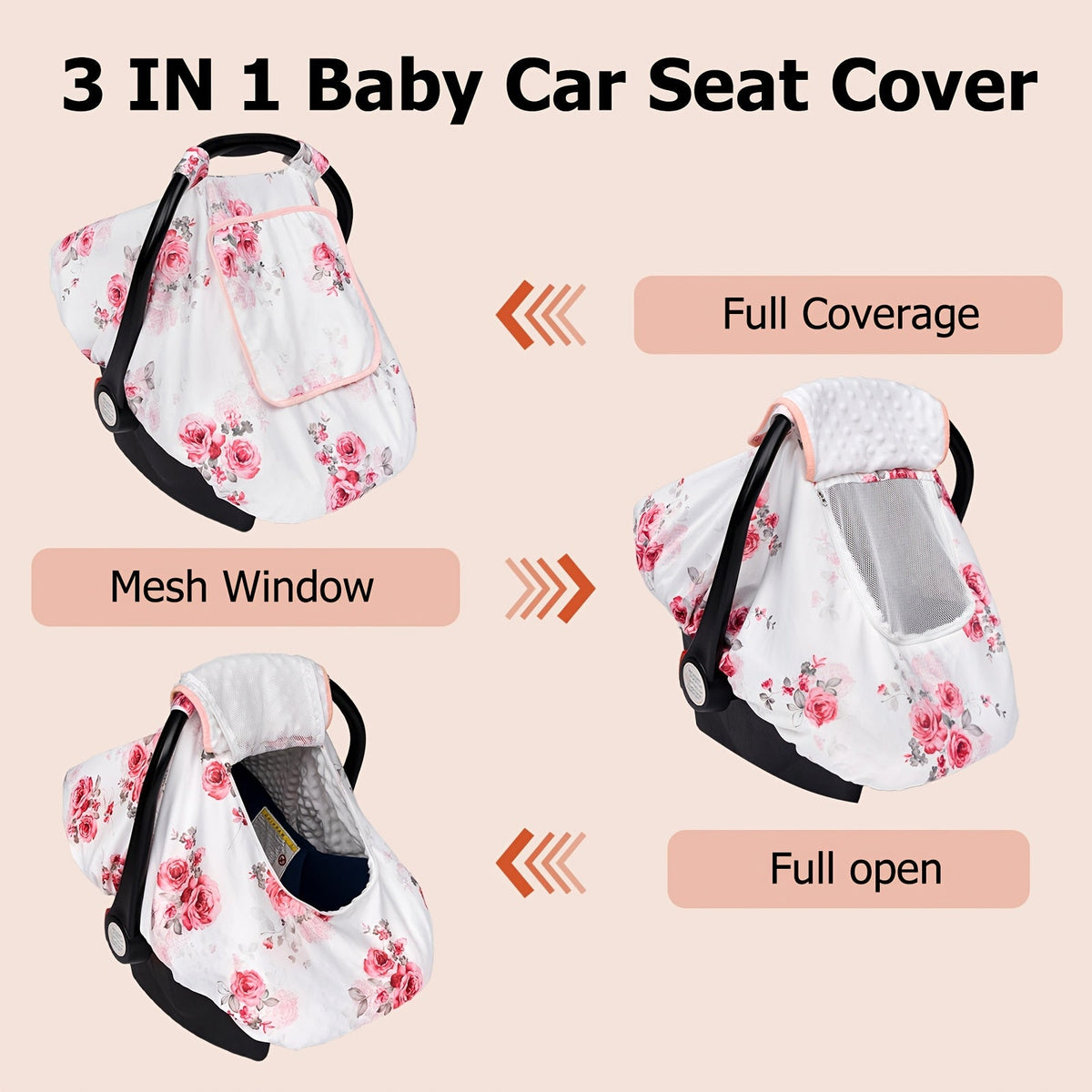 3-in-1 Minky Baby Car Seat Cover, Soft Breathable Infant Car Seat Cover for Newborns, Pink, Purple Flowers, Blue Animal & Black Flower