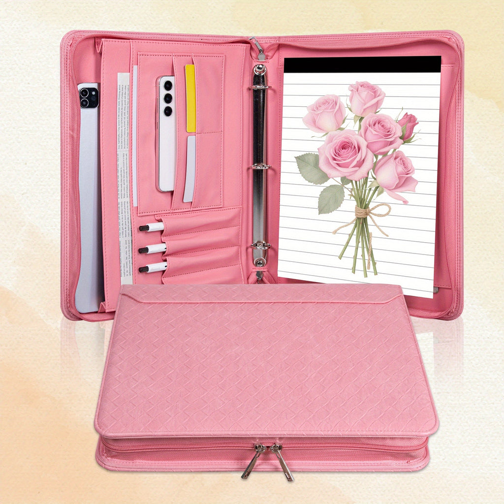 Vegan Leather Portfolio Binder, 3-Ring Zippered A4 Legal Document Organizer with Laptop Pocket for Women and Men