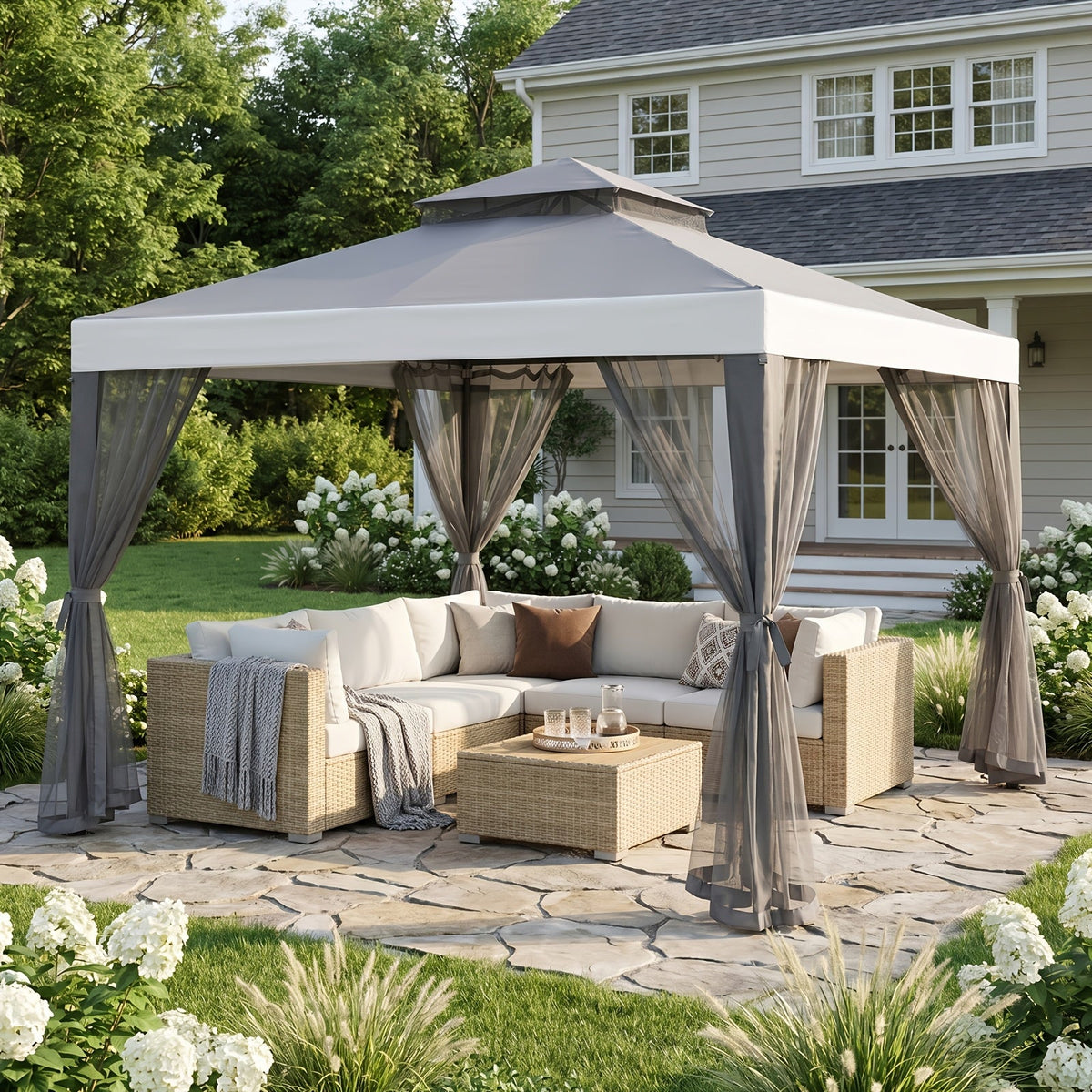 10x10 Outdoor Gazebo Canopy Tent, Mosquito Netting, Double Roof, Metal Frame, for Patio, Garden, Deck, Backyard, Lawn & Party Shelter