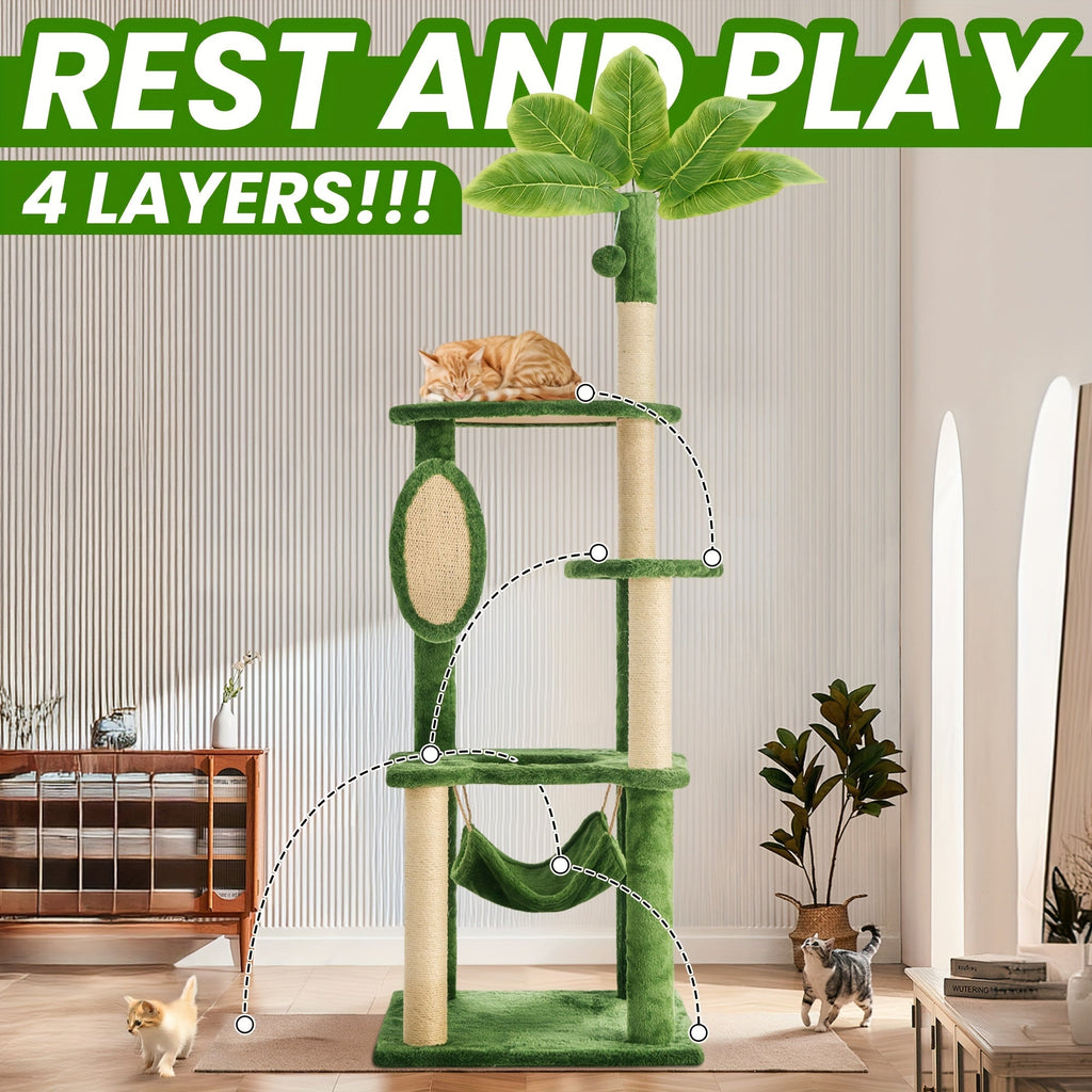 55-Inch Cat Tree for Indoor Cats with Green Leaves – Multi-Level Large Cat Tower with Hammock, Sisal Scratching Posts, Hanging Ball Toy, and Cat Furniture for Living Room or Bedroom