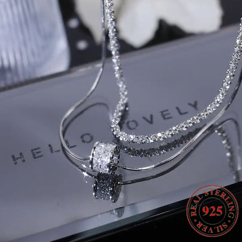 S925 Sterling Silver Double Layer Clavicle Chain Necklace for Women, Elegant Cubic Zirconia Sweater Chain, Minimalist Fashion Jewelry for Daily Wear and Gifts, All Seasons