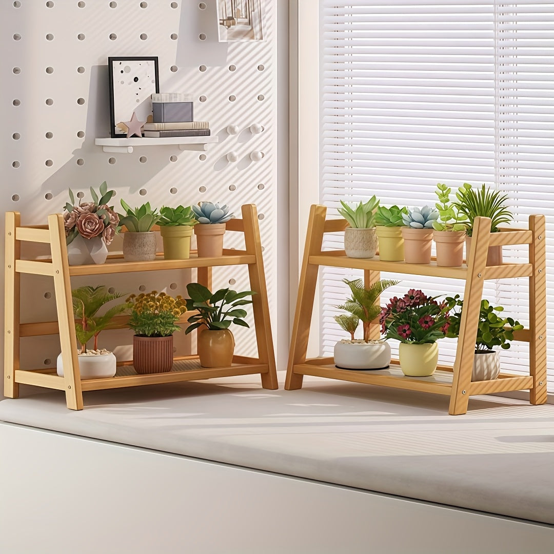 2-Tier Wooden Countertop Shelf Organizer, Vintage Trapezoidal Design, Bamboo Desktop Storage Rack for Kitchen, Office, and Bedroom, Space-Saving Counter Shelf for Coffee Cups, Books, and Decor – 1 or 2 Pack, Large & Medium