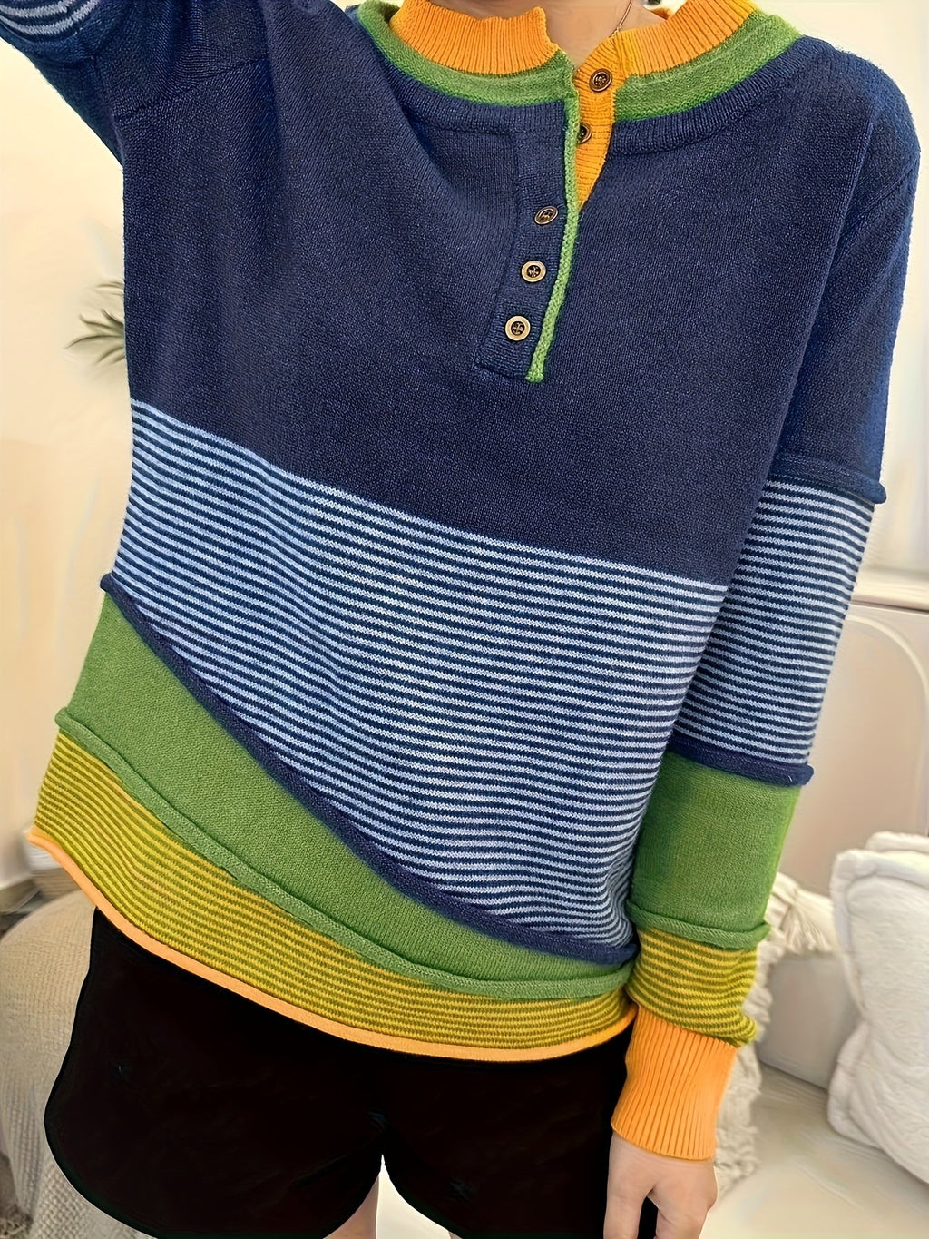 Women's Y2K Striped Color Block Crew Neck Pullover Sweater with Button Detail | Casual Fall Winter Asymmetrical Knit Top Navy S M L XL XXL