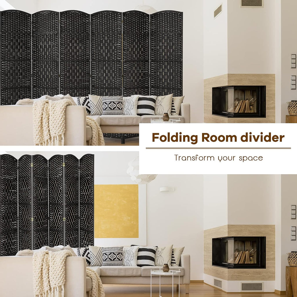 6-Panel 6ft Tall Folding Room Divider Hand-Woven Paper Fiber & Poplar Frame Freestanding Privacy Screen for Bedroom Living Room Office & Porch – No Assembly, Air Circulation, Black/Brown