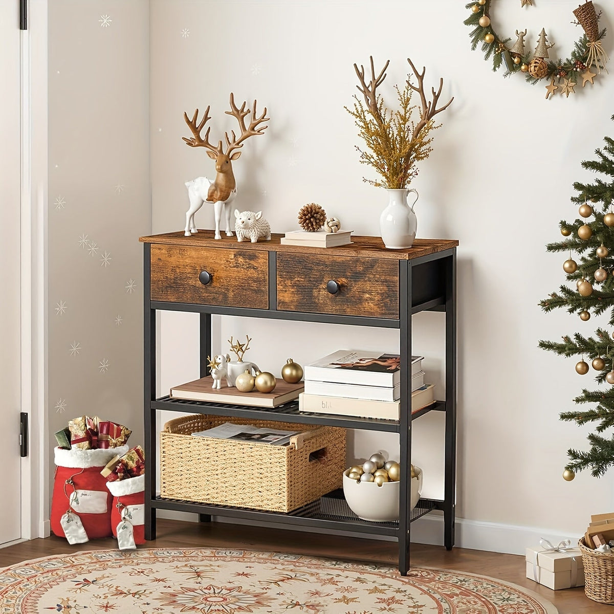 29.5 In Narrow Console Table 2 Fabric Drawers 3-Tier Storage Shelves Sofa Table & Entryway Desk for Living Room & Hallway – Rustic Brown Black Gray