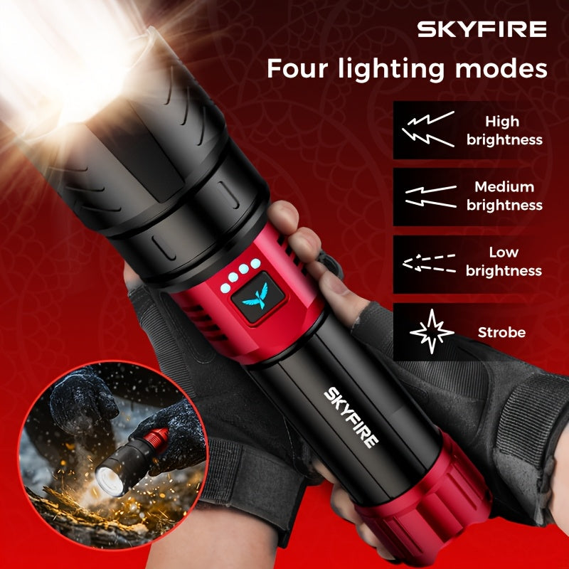SKYFIRE 5000 Lumen Rechargeable LED Flashlight with Ignition Lens, Adjustable Focus & 4 Modes – Super Bright High-Lumen Tactical Flashlight for Camping, Outdoor, Farm & Emergency Family Use