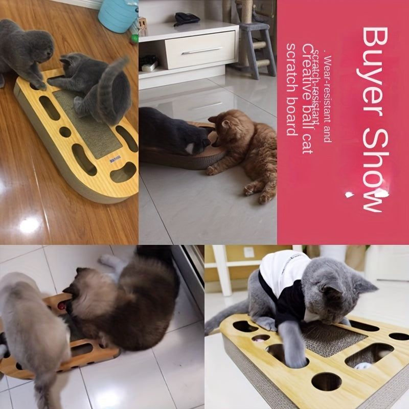 Interactive Cat Scratcher Toy with Ball Track, Square Corrugated Cardboard Multi-Level Platform Scratch Pad, Play Lounge for Indoor Cats and Kittens, Cat Scratching Board with Spinner