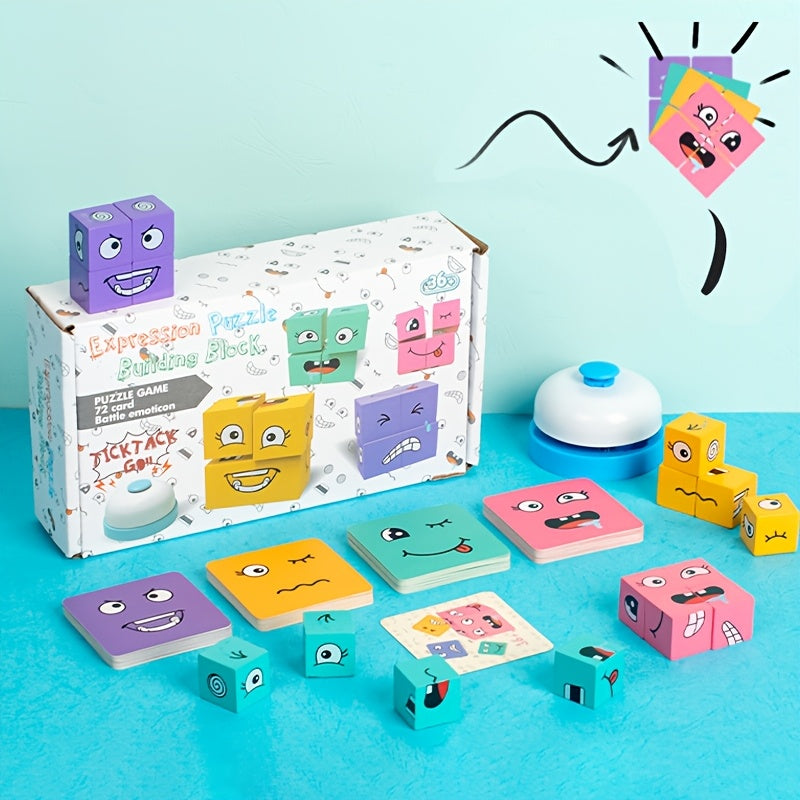 Wooden Magic Face Changing Building Blocks Set with Bell Fosters Creativity Imagination – Educational Toy for Kids Boys Girls Birthday Gift