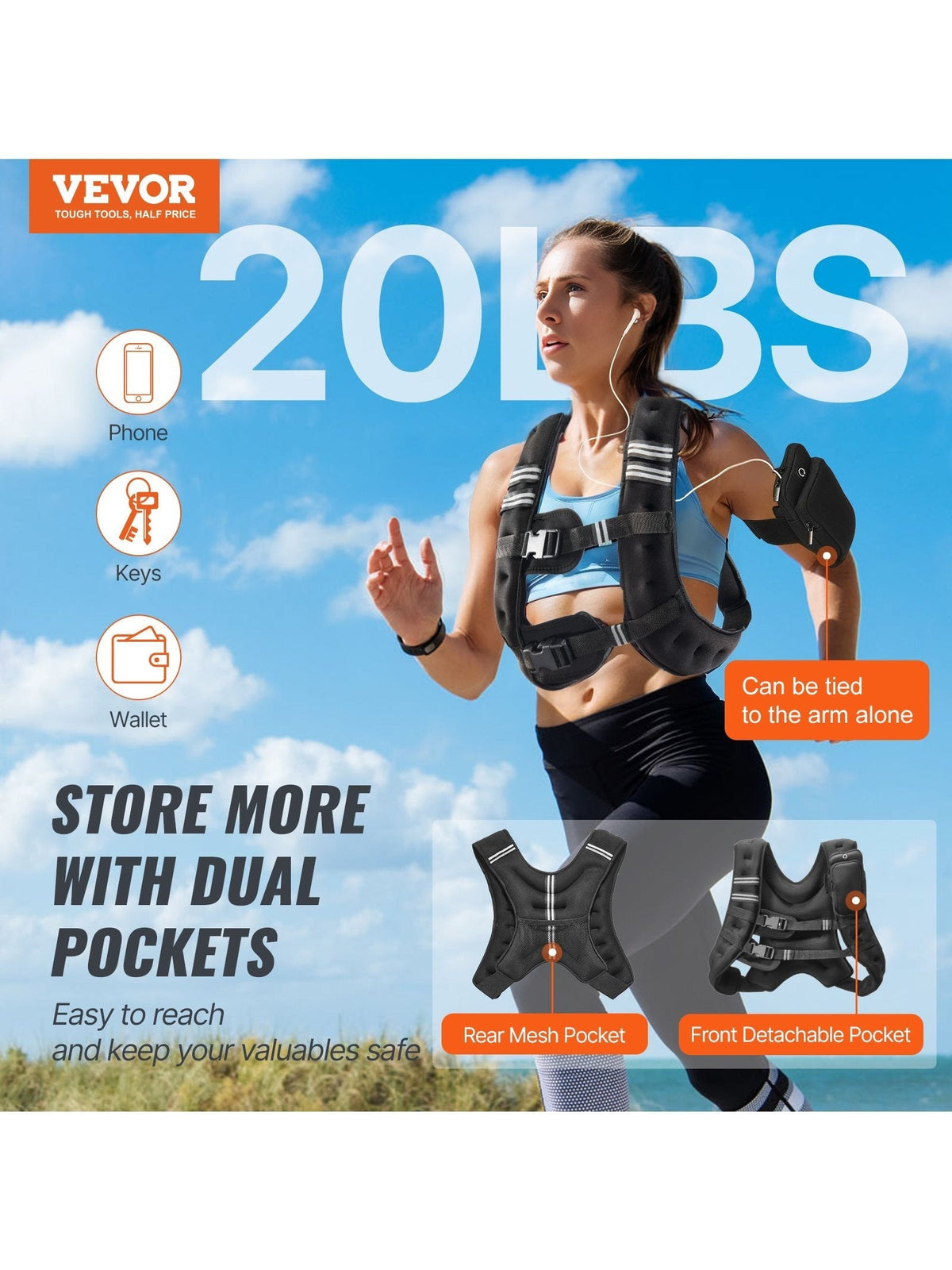 VEVOR 20 Lb Weighted Vest for Men & Women Neoprene Strength Training Running & Hiking Dual Pockets Adjustable Fit Reflective Stripes – Black