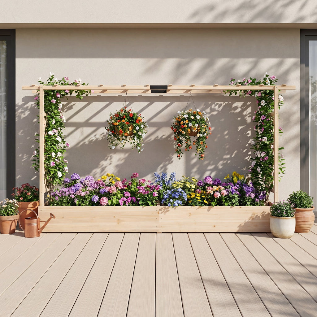 Raised Garden Bed with Trellis & Hanging Roof, 87"x14"x45", Fir Wood, 110 Lb Capacity, Drainage Holes, Detachable Bottom, Freestanding Elevated Planter Box for Climbing Plants, Vines, Vegetables & Flowers, Patio & Balcony