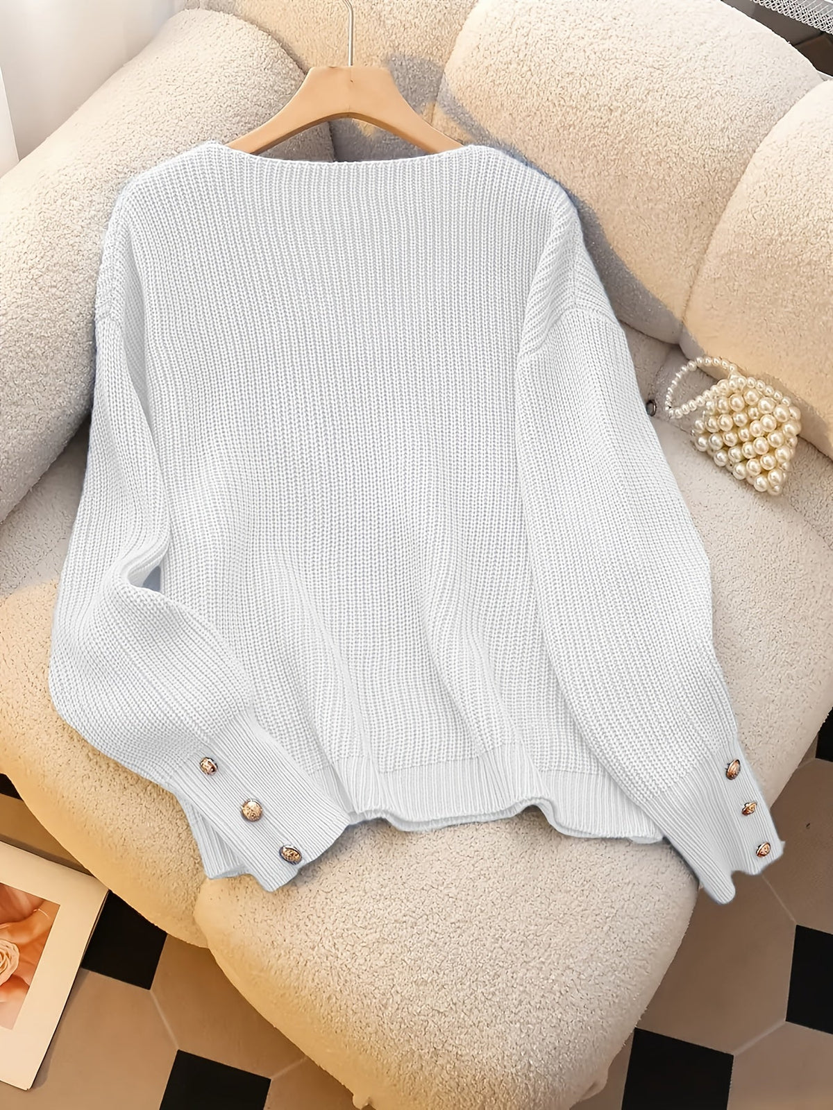Women's V-Neck Ribbed Long Sleeve Pullover Sweater with Faux Button Detail - Elegant Casual Knitwear for Fall/Winter, Office, Daily Wear, Machine Washable