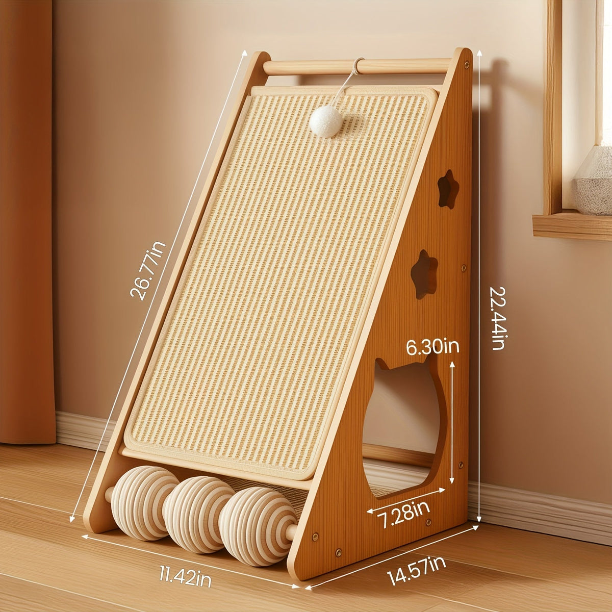 27-Inch Sisal Cat Scratching Board – Multi-Functional Wear-Resistant Cat Claw Pad Furniture Protector with 3 Teaser Balls, Easy to Install, Indoor Cat Scratching Pad