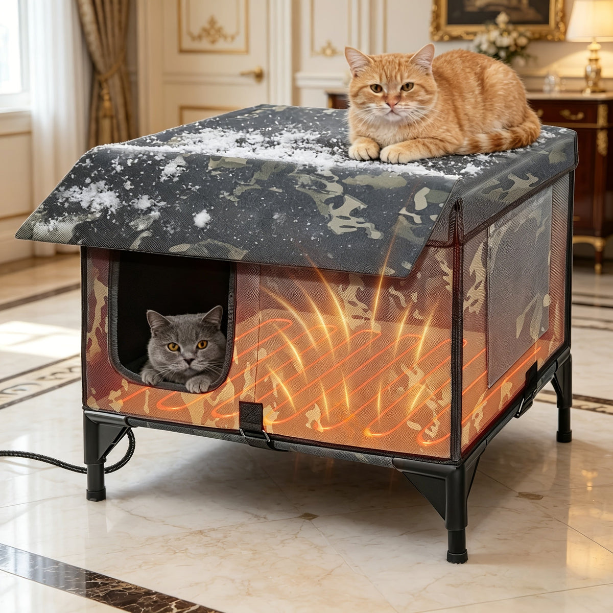 3-in-1 Heated Cat House with Removable Warming Pad & Elevated Bed – Chew-Resistant Cord, Double Door, All-Season Indoor/Outdoor Cat Shelter Cave Condo for Cats, Kittens & Small Dogs