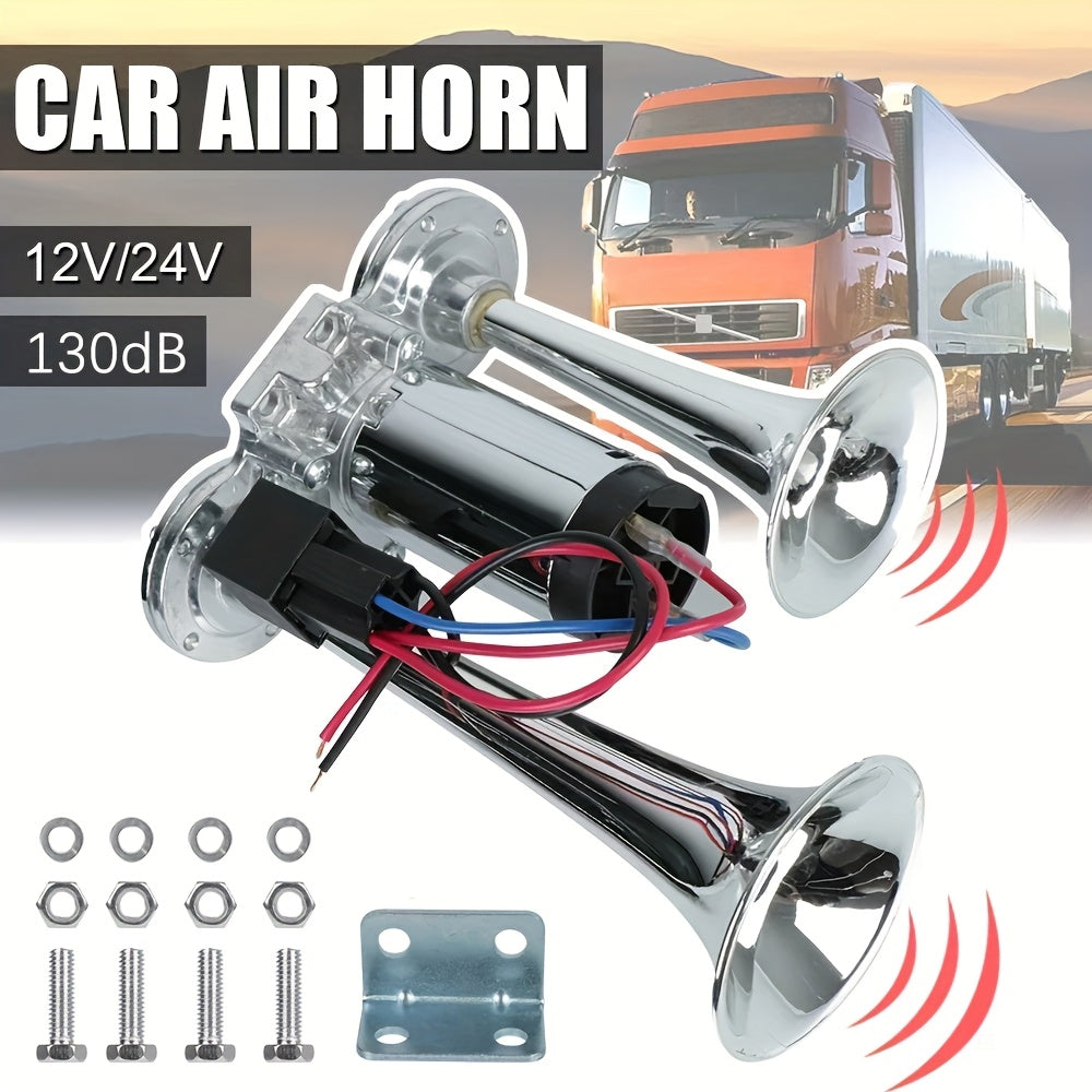 130dB Super Loud Dual-Tone Air Horn 12V/24V – Aluminum Alloy with Compressor, Quick Install for Trucks, SUVs, Motorcycles, Boats & Off-Road Vehicles
