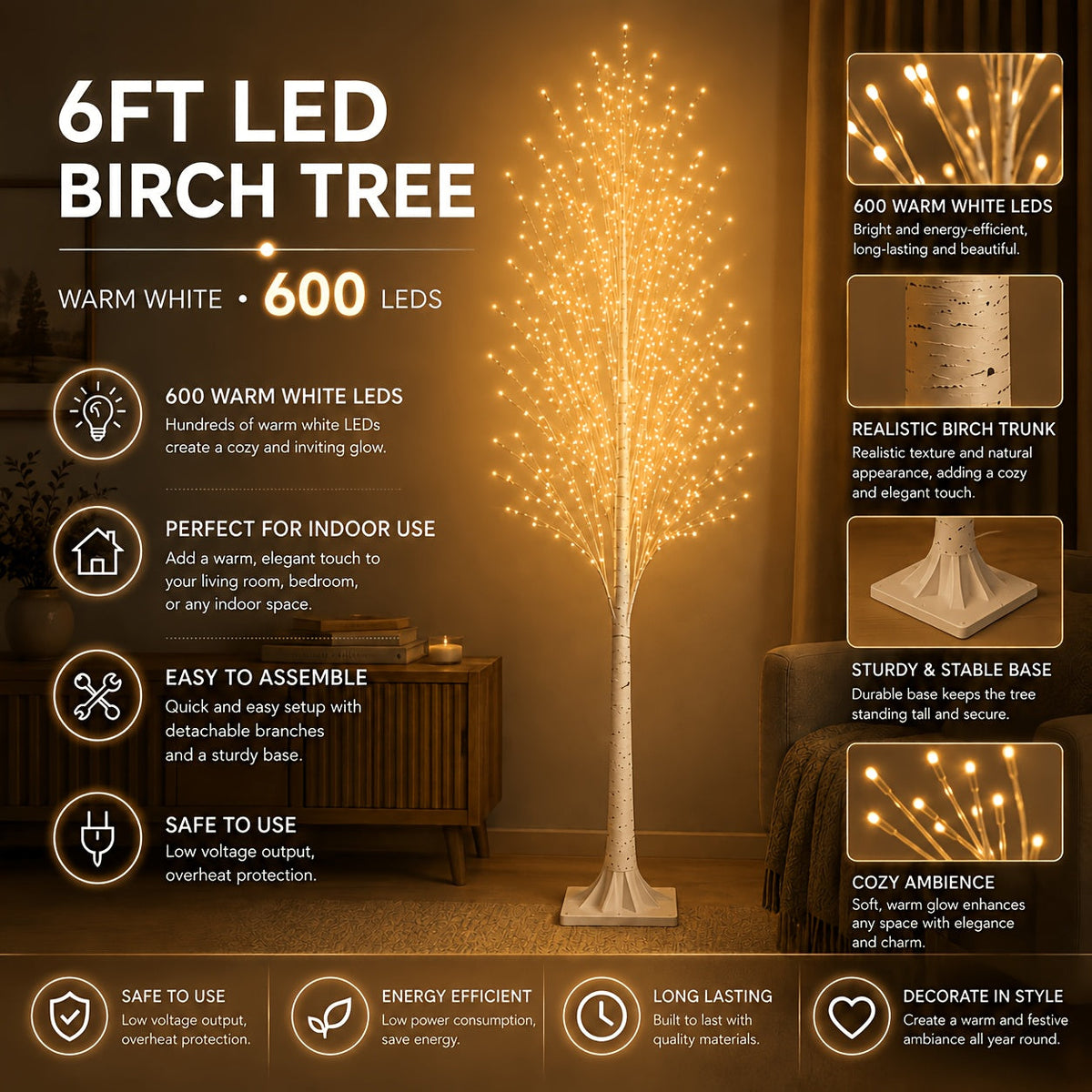 6FT 600 LED Warm White Artificial Birch Tree Floor Lamp Flexible Branches Hand-Wrapped Bark Trunk Plug-In for Living Room Christmas Wedding & Home Decor