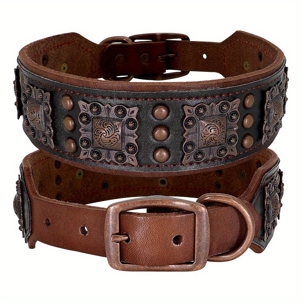 Heavy Duty Studded Leather Dog Collar for Medium and Large Dogs - Durable Real Leather with Metal Studs, Adjustable L XL XXL, 8 Colors, Strong Dog Collar for Large Breed Training Walking