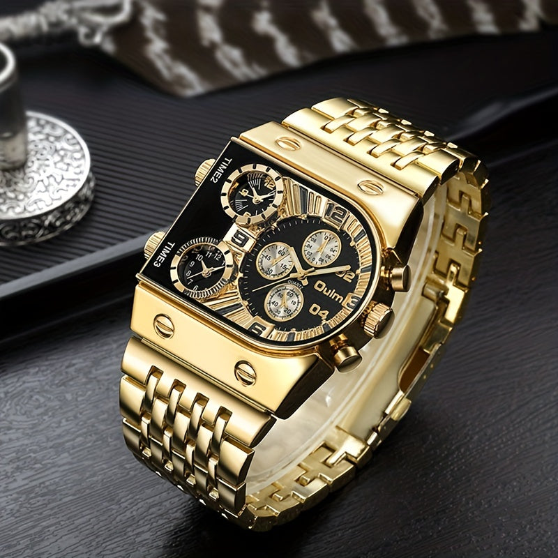 Oulm Men's Multi-Time Zone Large Dial Stainless Steel Business Quartz Watch, Dual Display, Black and Blue, Gift for Him