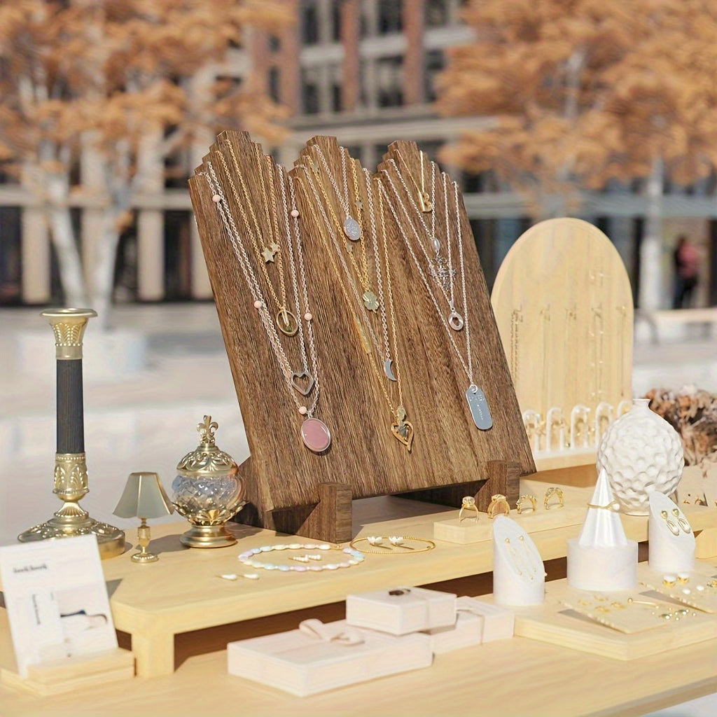 木制项链展示架——适用于工艺品展、商家及家居装饰的质朴垂直收纳架，坚固耐用的木质底座，项链陈列架