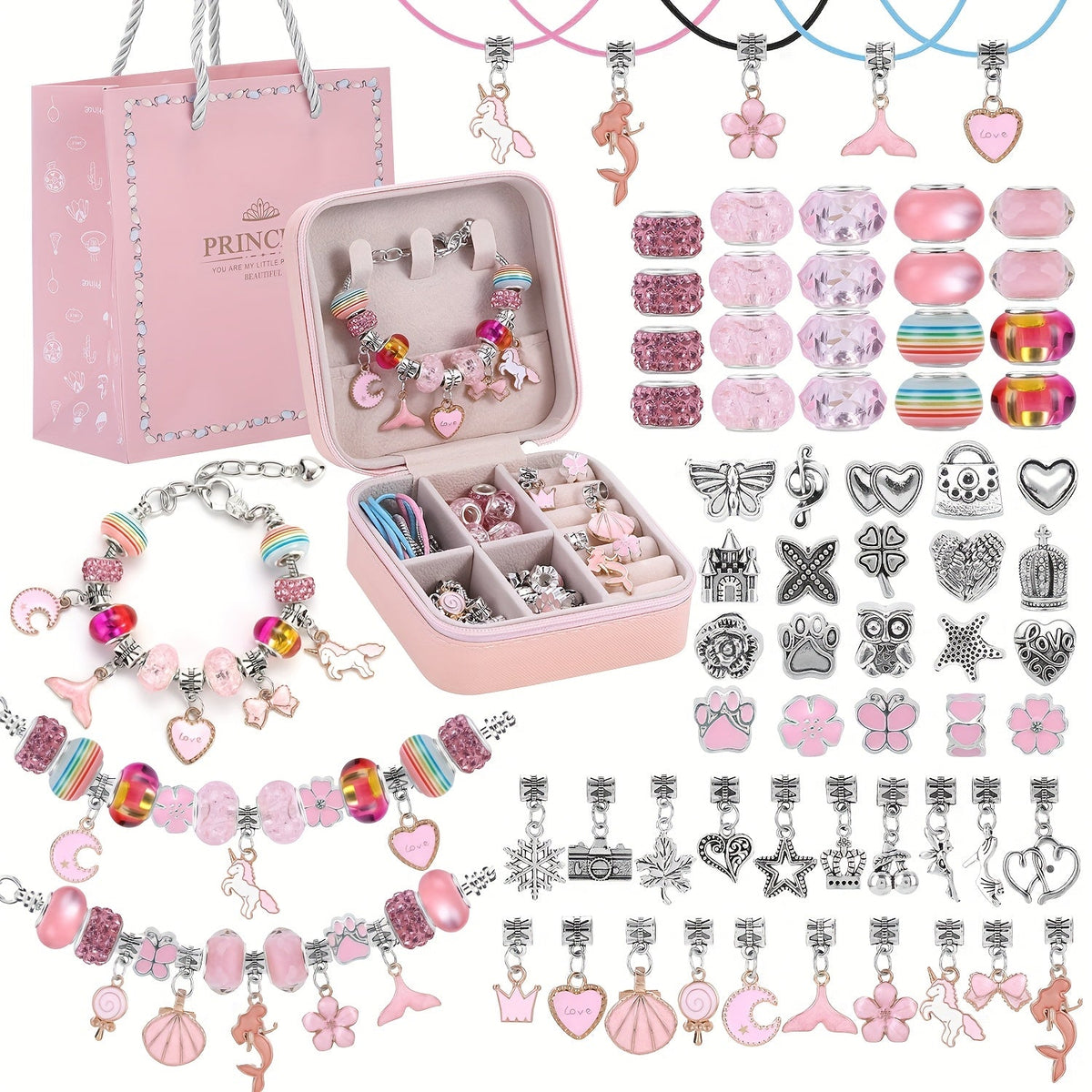 DIY Bracelet Making Kit for Girls, Unicorn & Mermaid Jewelry Craft Set with Portable Jewelry Box, Handmade Beading Gift for Birthday, Christmas, Graduation, Valentine's Day (Blue, Purple, Pink, Black)