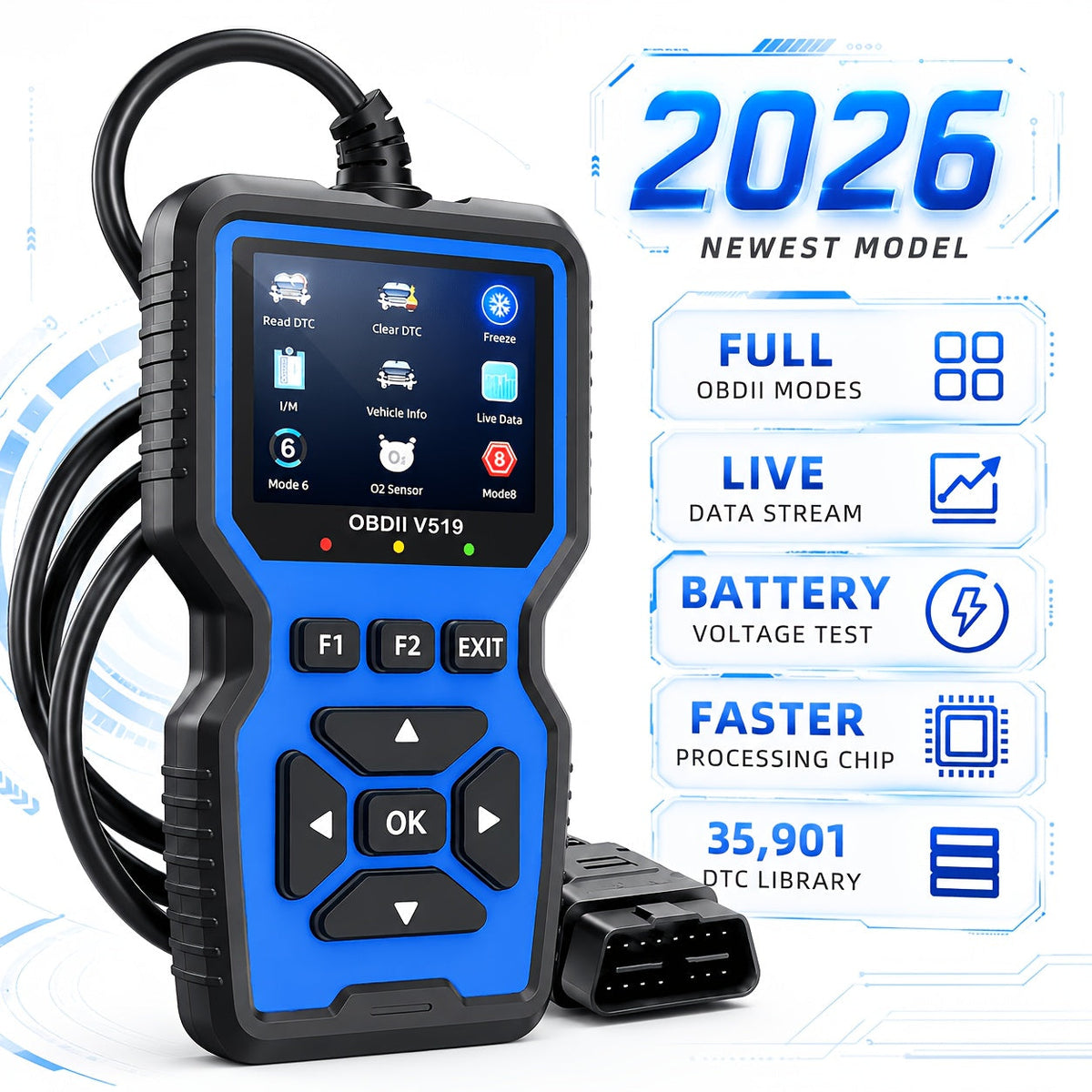 OBD2 Scanner Code Reader Car Diagnostic Tool, Engine Fault Code Reader with Live Data, Freeze Frame, and I/M Readiness for All OBDII Protocol Vehicles, No Battery Required