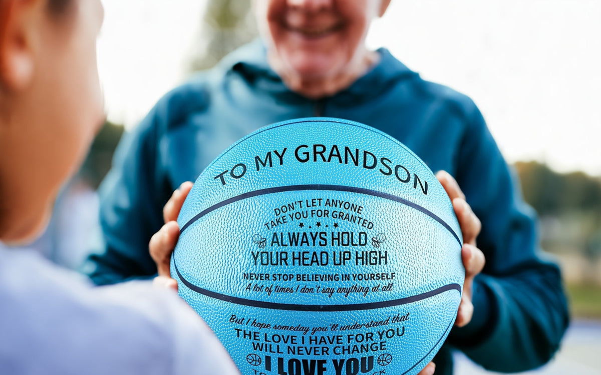 Engraved Basketball for Grandson & Son – Personalized Inspirational Size 7 Basketball with Pump, Motivational Gift for Birthday, Christmas, Anniversary, Blue Red Gold Black