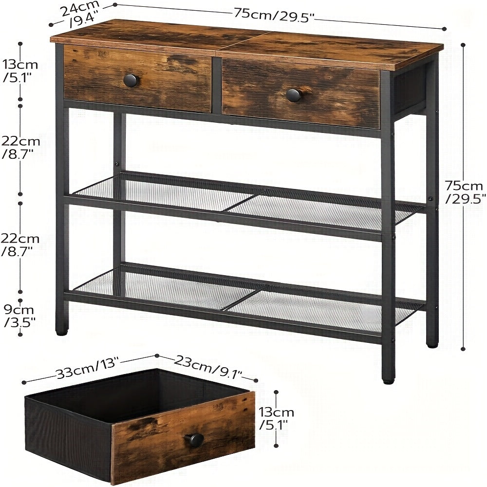 29.5 In Narrow Console Table 2 Fabric Drawers 3-Tier Storage Shelves Sofa Table & Entryway Desk for Living Room & Hallway – Rustic Brown Black Gray