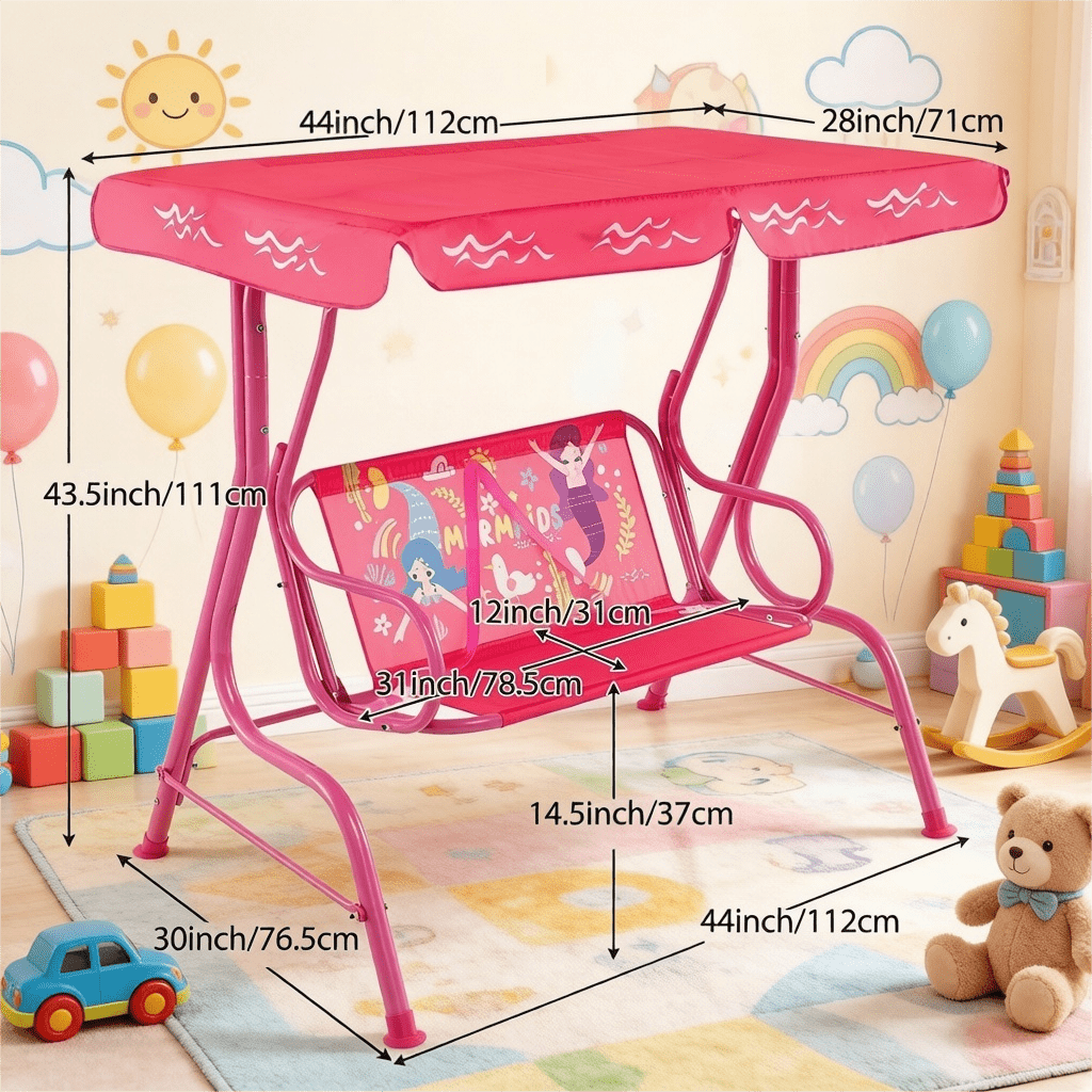 2-Seater Kids Outdoor Patio Swing Chair with Adjustable Sun Canopy, Safety Belts, Metal Stand Porch Swing Bench for Backyard, Garden, Balcony, Ages 3+, 180 lbs Capacity
