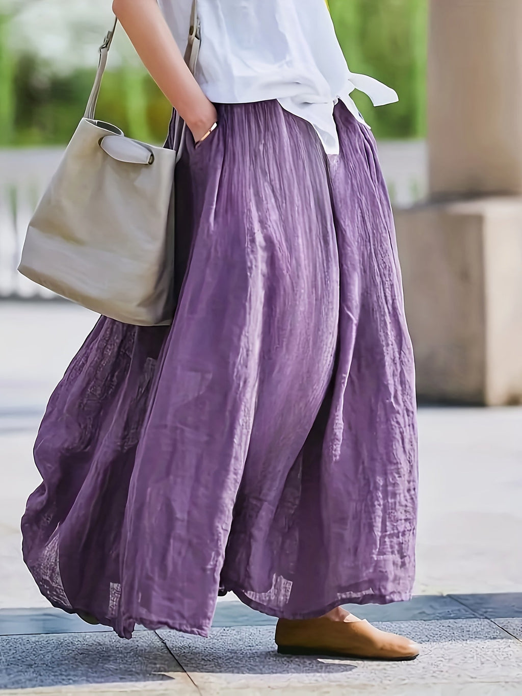 Women's Solid Color Retro Midi Skirt with Pockets, Flared Hem, Loose Fit, Breathable, 100% Polyester, Spring, Summer, Fall, Purple, Burgundy, Grey, Blue, Maroon, Brown, Green, S, M, L, XL, XXL