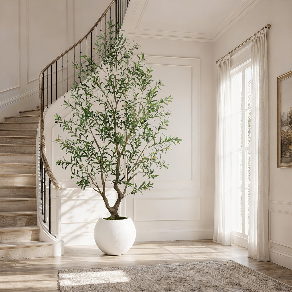 Artificial Olive Tree 5-8FT Tall Potted Faux Olive Floor Plant with Lifelike Leaves & Black Fruits, Decorative Fake Indoor Tree with White or Black Round Planter for Living Room Office Home Decor