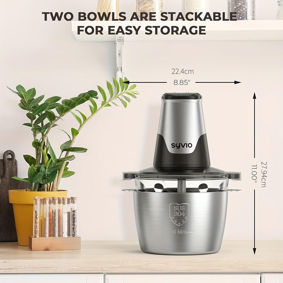 Syvio Food Processor 450W with 2 Bowls & 4 Bi-Level Blades - Mini Electric Meat Grinder & Vegetable Chopper, 2 Speeds, 8-Cup Capacity, for Baby Food Onion Garlic - Black