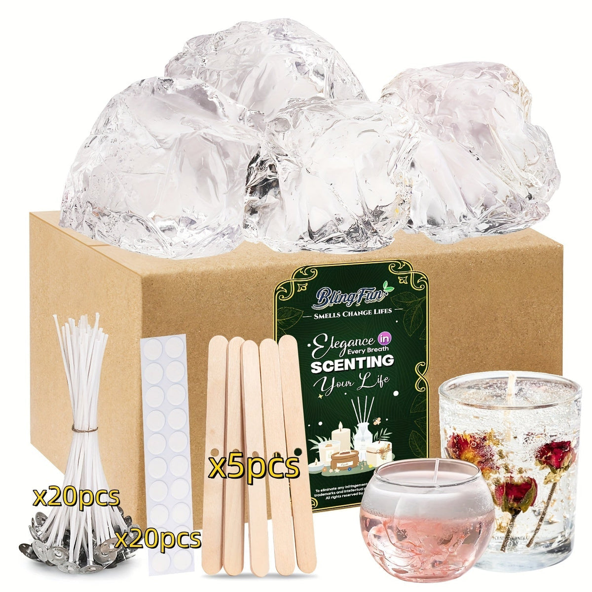 BlingFun Gel Candle Making Kit 400g Clear Jelly Wax, 4 Colors, 20pcs Wicks, 20pcs Stickers, 5pcs Wick Holders, DIY Scented Candle Kit for Home Decor, Craft Projects, and Beginner Candle Supplies