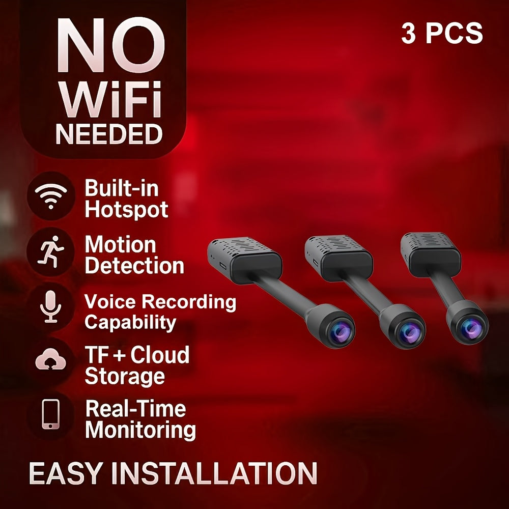 Security Camera 3-Pack 1080P Full HD – Built-in Hotspot, No WiFi Required for Local Viewing, Motion Detection, Audio Recording, Cloud & SD Card Storage, USB Plug-in, Easy-to-Install Home Surveillance