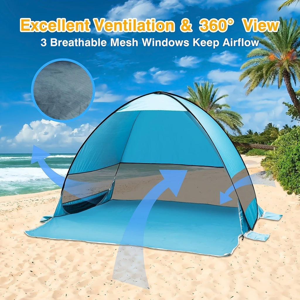 Pop-Up Beach Tent for 2-3 Persons, Portable Sun Shade Shelter with UV Protection and Anti-UV Silver Coating, Easy-Setup Camping Canopy with Carry Bag and Stakes for Beach, Fishing, Hiking, and Backyard, Blue & Green