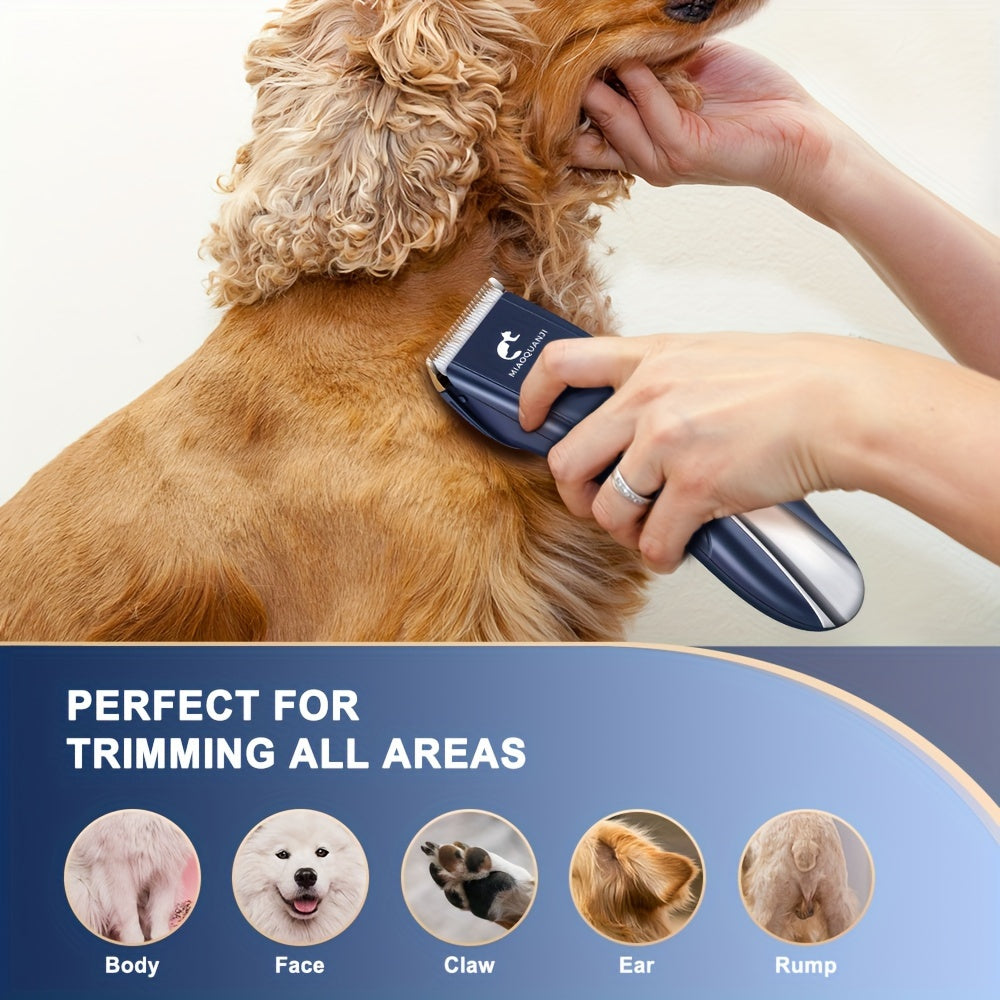 Professional Pet Grooming Clipper, USB Rechargeable Cordless Low-Noise Electric Dog and Cat Hair Trimmer for All Breeds, Home and Salon Use, Black/Blue