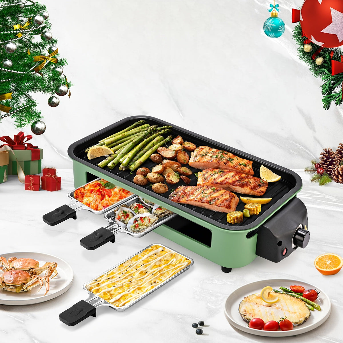 Indoor Smokeless Electric Grill with Raclette Pans - 1500W, 16x9" Non-Stick Detachable Plate, Dishwasher Safe for Grilling, Roasting & Cheese Melting - Beige, Black & Green