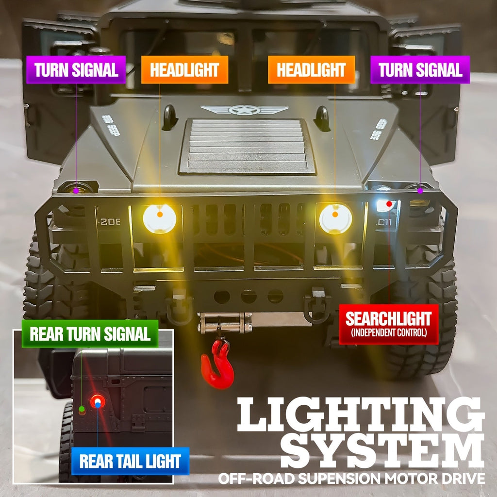 C8835 Full-Scale RC Military Off-Road Vehicle for Adults - Proportional Transmission, Variable Speed, Climbing, Multi-Mode LED Lighting, 5 Openable Doors, Optional Machine Gun & Winch Accessories