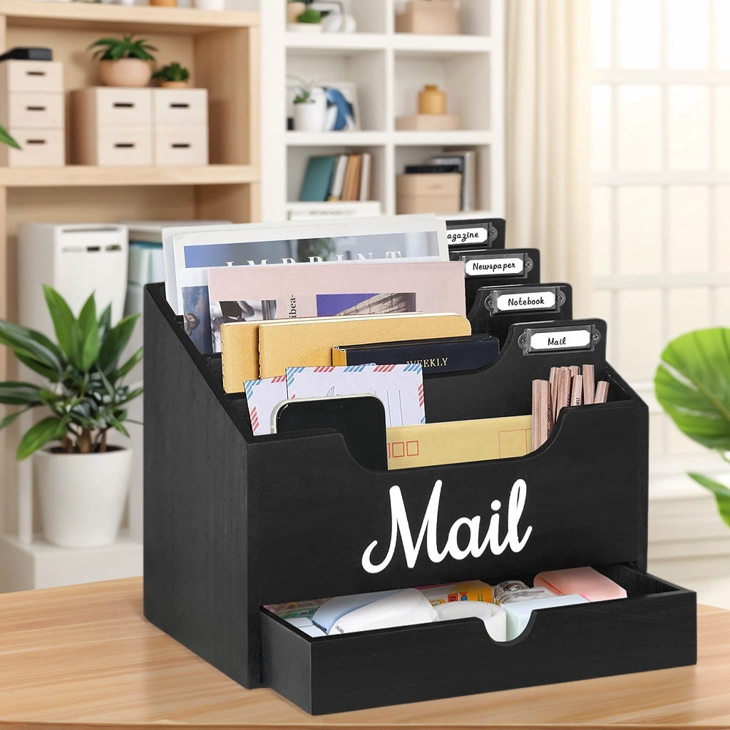 Large Solid Wood Desktop Mail Organizer with Drawer and 4 Compartments, Labelable Dividers for Files, Letters, and Paper Folders, Desk Organizer for Home Office, Students, and Professionals