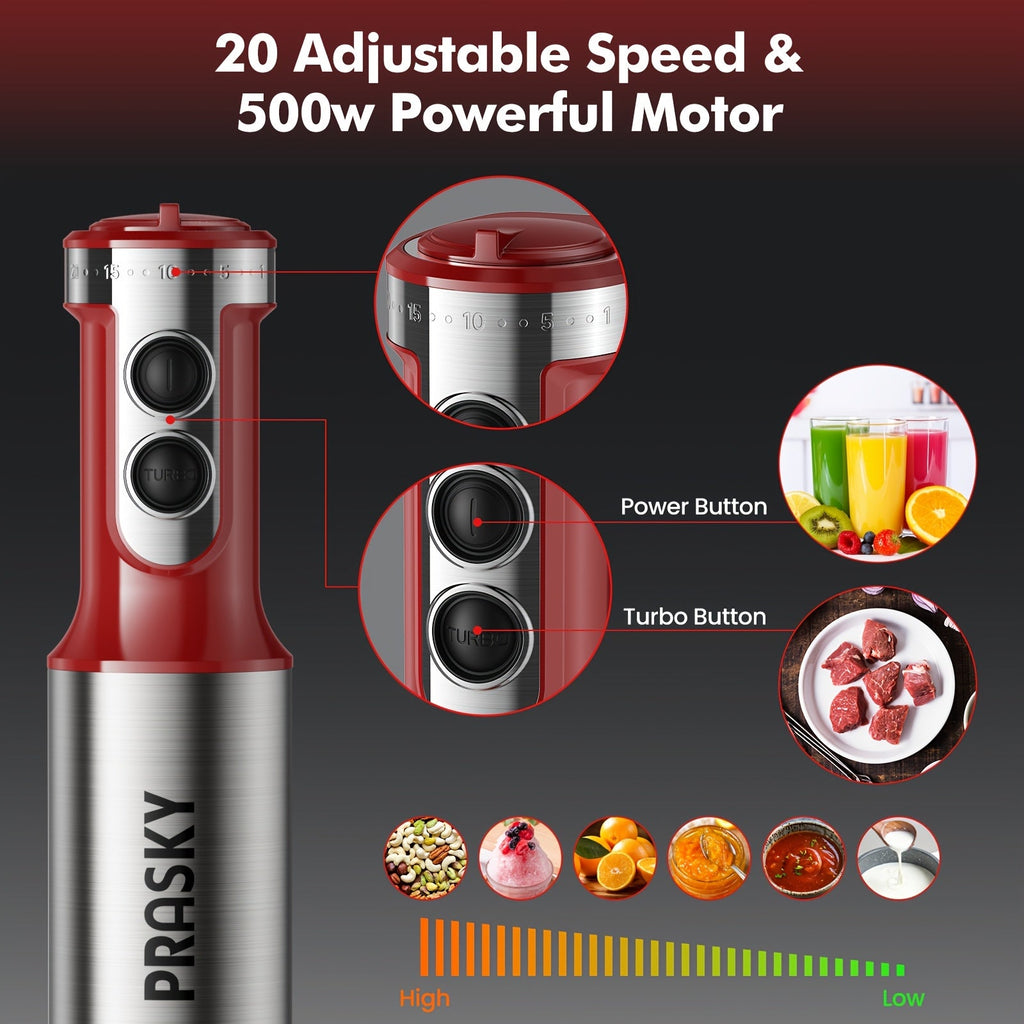 5-in-1 Handheld Immersion Blender - Whisk, Measuring Cups & Meat Chopper Attachments, Heavy-Duty Motor - Kitchen Essential - Red & Black